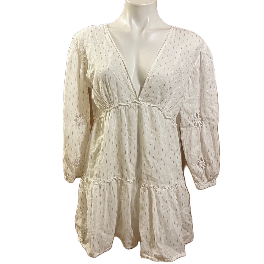 Blue Island White and Metallic Gold Print Bathing Suit Coverup M